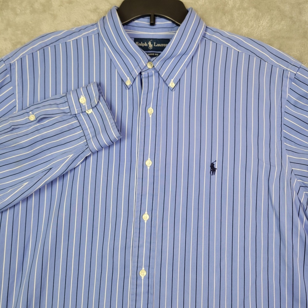 Ralph Lauren Mens XL  17.5 Dress Shirt Blue Striped Button Up Classic Fit